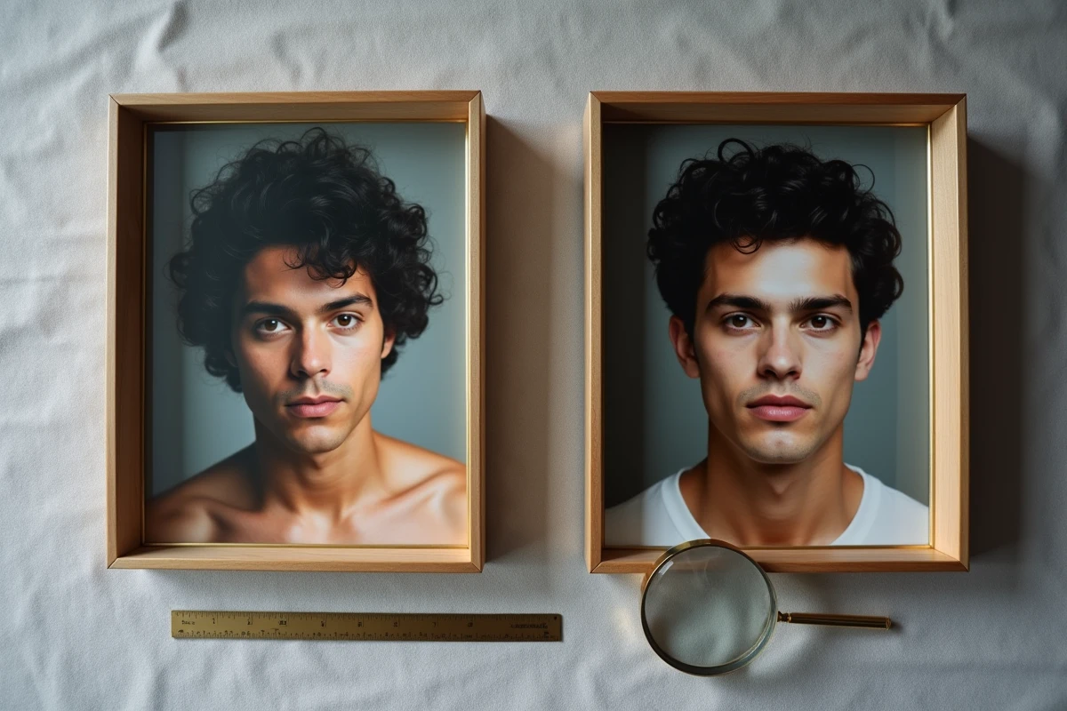 Deux portraits encadrés placés côte à côte sur un fond lin gris, comparaison visuelle entre un chanteur des années 70 et un jeune homme aux traits similaires, analyse photo pour démystifier un hoax sur le fils caché de Mike Brant