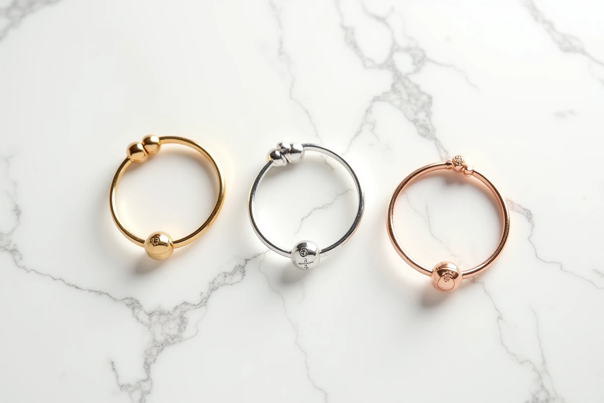 Comparatif de trois gourmettes pour bébé en or jaune, argent et or rose posées sur marbre blanc, modèles sécurisés pour baptême