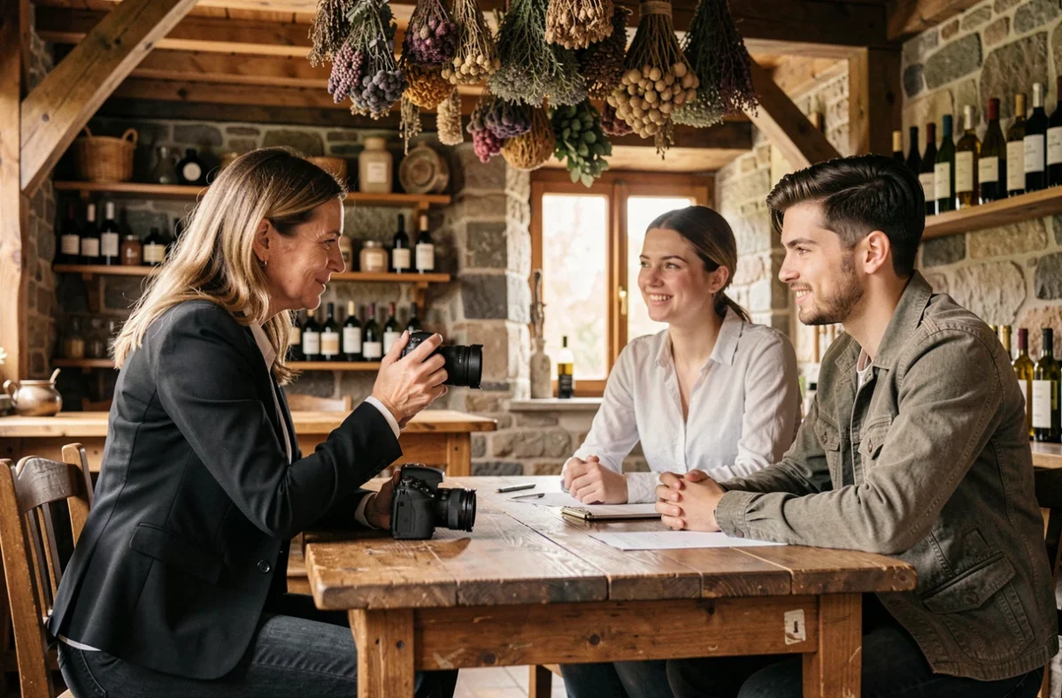 Photographe de mariage féminine en consultation avec un couple fiancé dans une winstub alsacienne traditionnelle