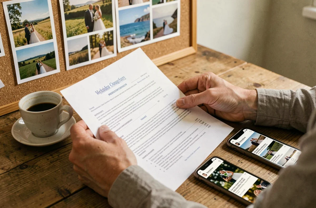 Couple étudiant un contrat et le portfolio d'un photographe de mariage dans le Var à la maison