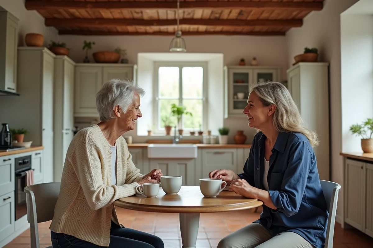 Deux femmes de générations différentes partageant une conversation familiale dans une cuisine de campagne, évoquant la transmission des origines et de l'histoire familiale