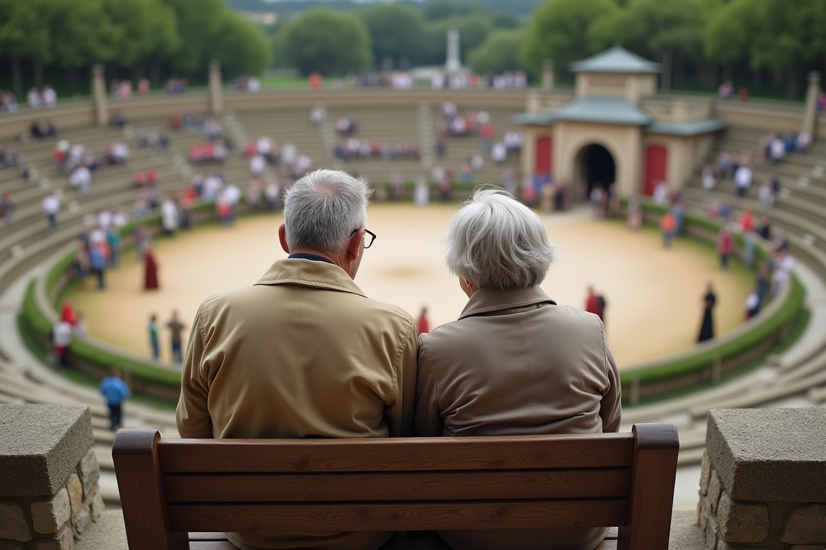Couple senior assis avec vue sur l arena du Puy du Fou