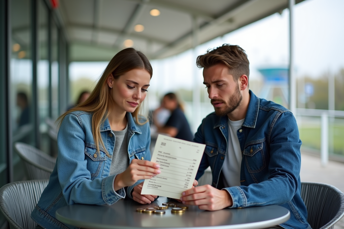 Jeune couple au café à Futuroscope examinant la note