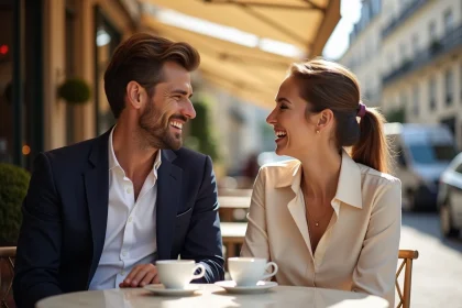 Couple élégant partageant un moment complice en terrasse de café parisien, illustrant une relation publique épanouie