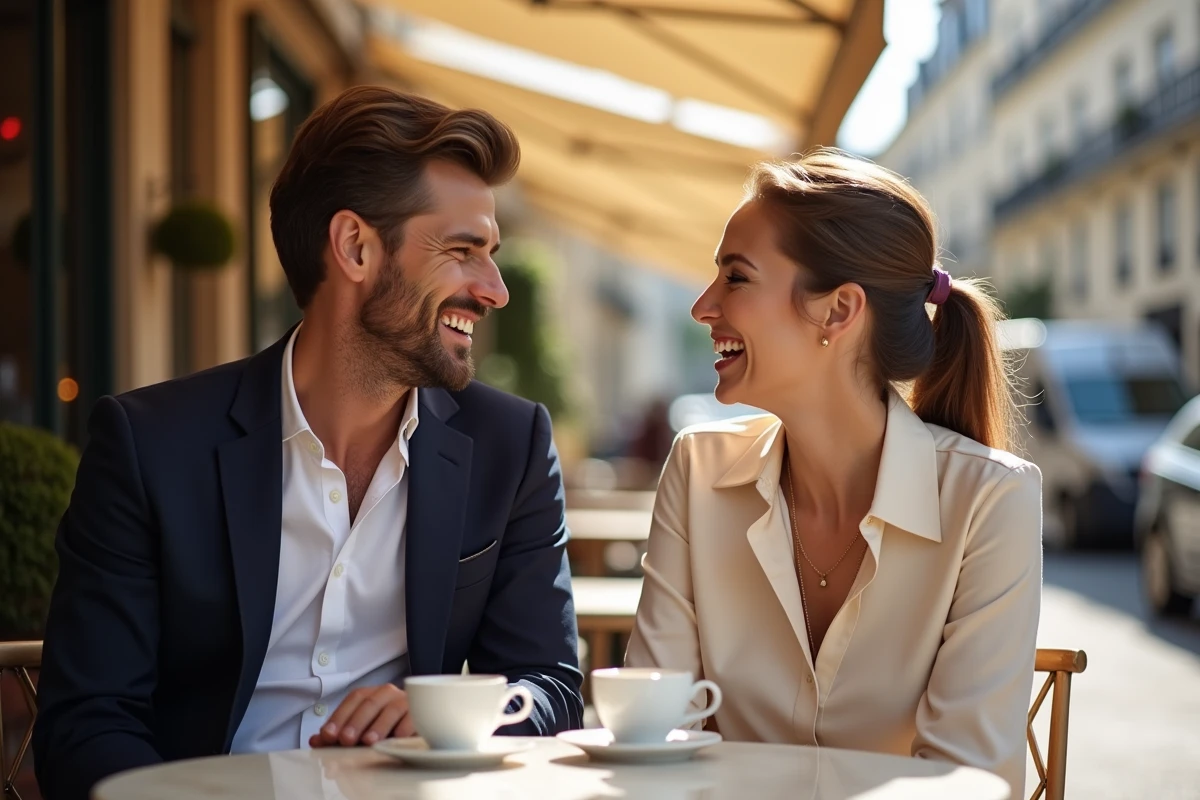 Couple élégant partageant un moment complice en terrasse de café parisien, illustrant une relation publique épanouie
