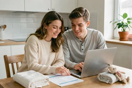 Un jeune couple souriant consulte une liste de naissance sur ordinateur portable à une table de cuisine en bois, entouré de quelques articles pour bébé