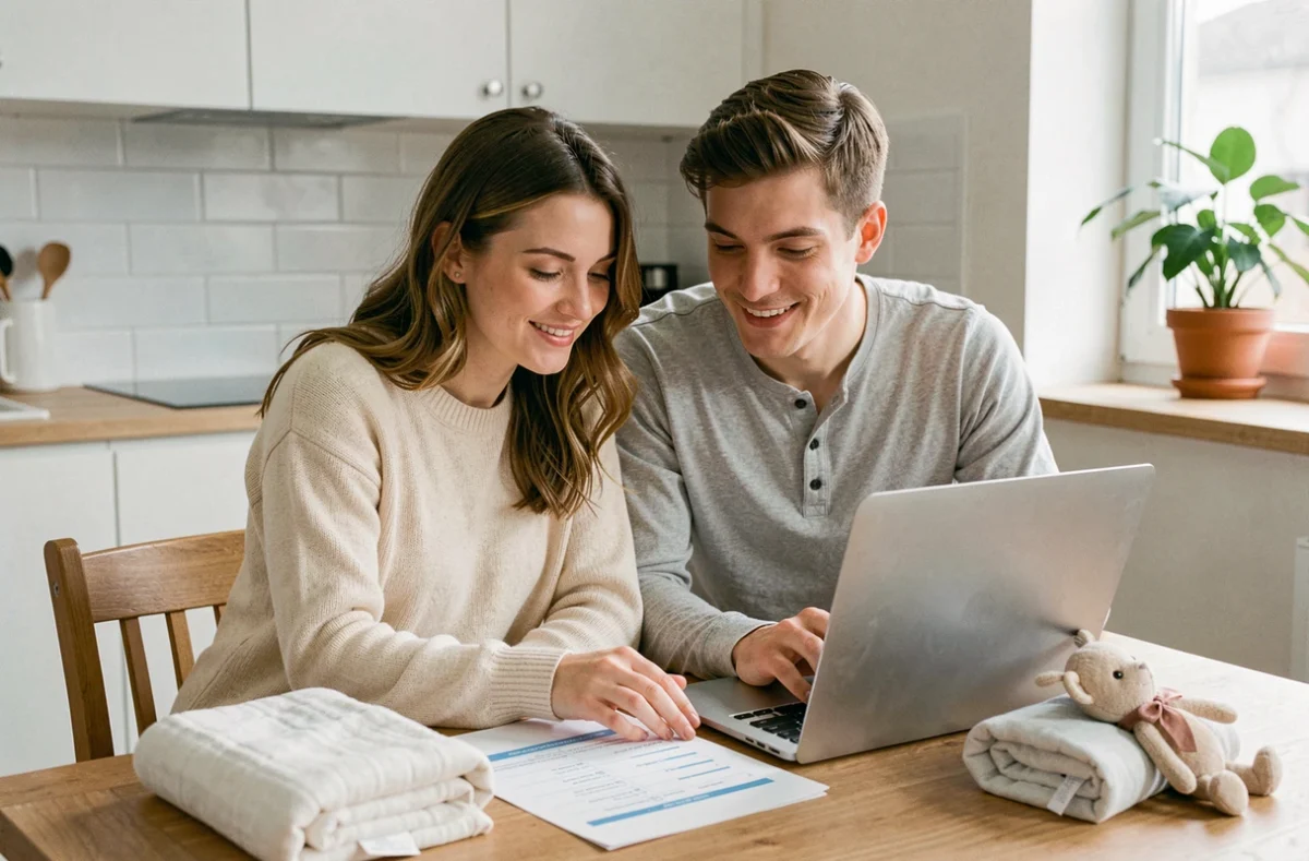 Un jeune couple souriant consulte une liste de naissance sur ordinateur portable à une table de cuisine en bois, entouré de quelques articles pour bébé