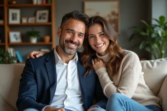 Homme et femme souriants dans un salon chaleureux