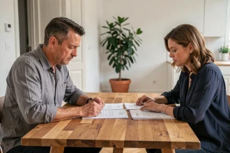 Couple en train de signer des documents de séparation autour d'une table en bois dans un appartement français moderne