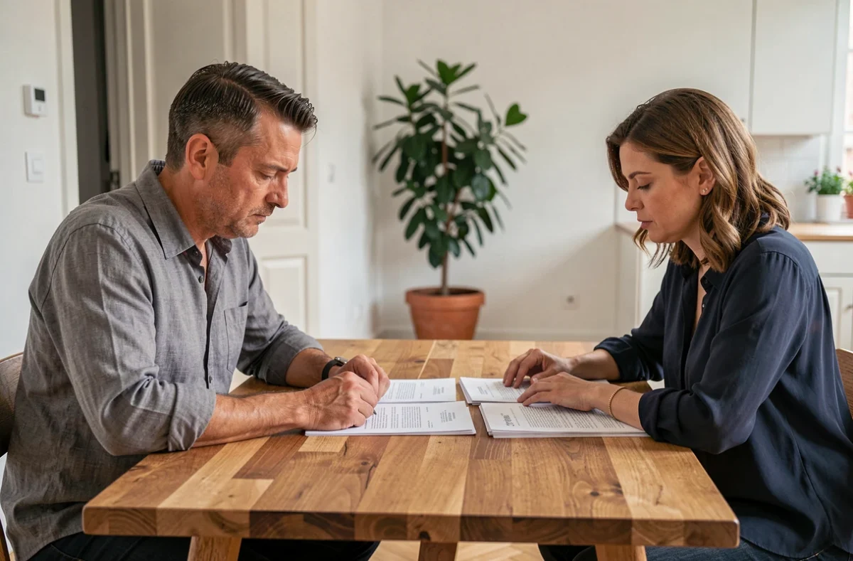 Couple en train de signer des documents de séparation autour d'une table en bois dans un appartement français moderne