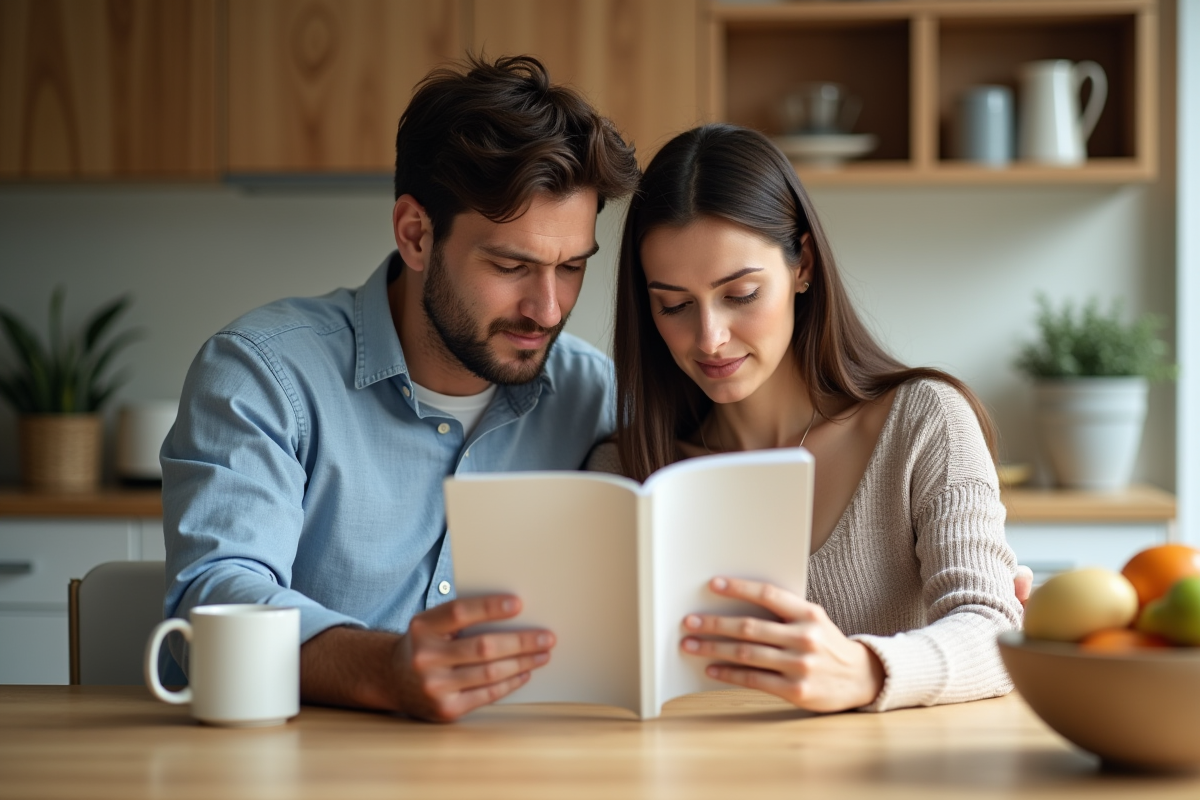Couple en cuisine lisant un guide de grossesse