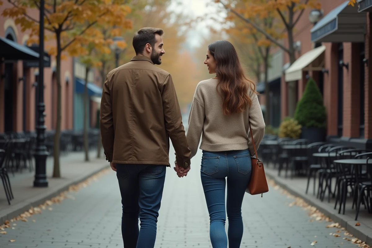 Homme et femme marchant dans une rue urbaine en discutant