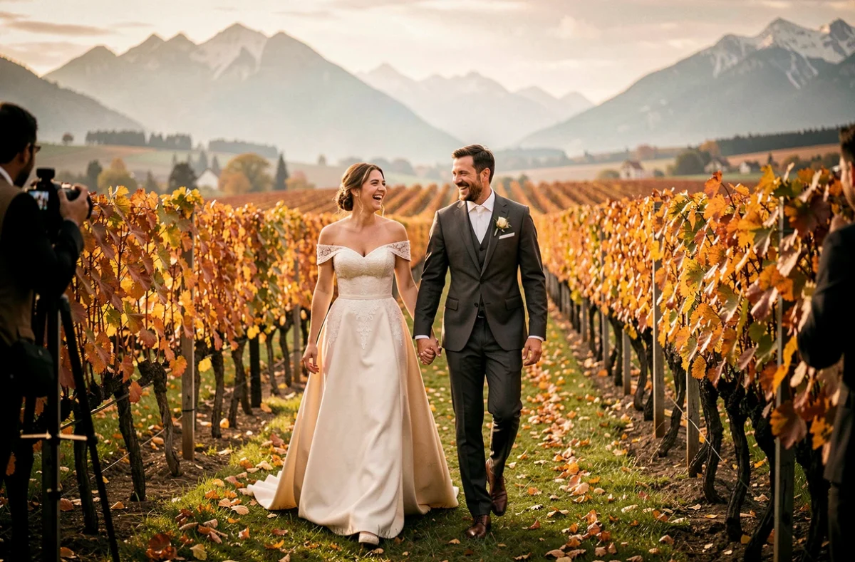 Couple de mariés se promenant dans un vignoble alsacien en automne avec le photographe en arrière-plan