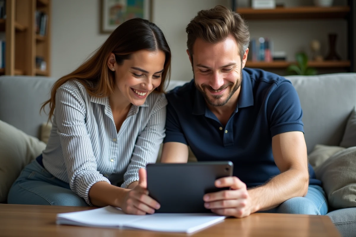 Couple organisant le planning familial par semaine alternée sur une tablette dans un salon moderne