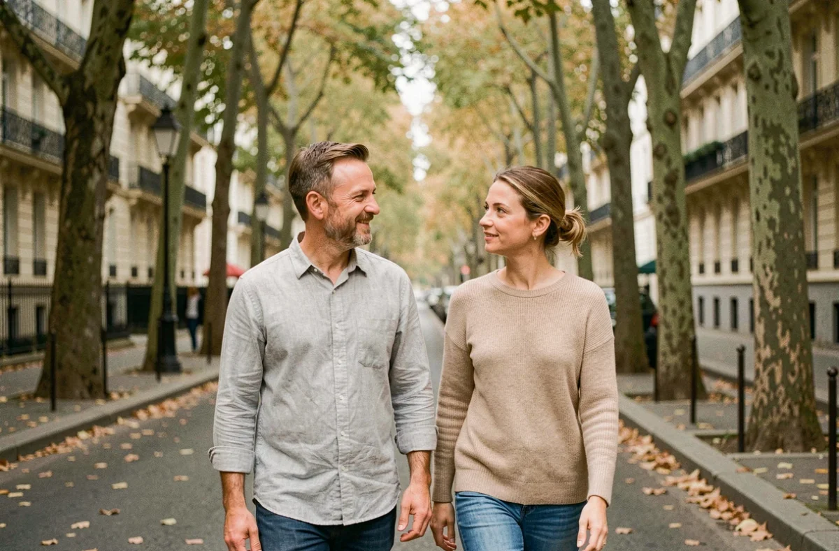 Couple se promenant sur un boulevard parisien en automne, illustrant la vie privée et conjugale d'une personnalité médiatique