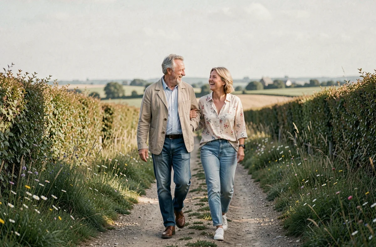 Couple se promenant sur un chemin de campagne français, évoquant la vie amoureuse et personnelle en 2026