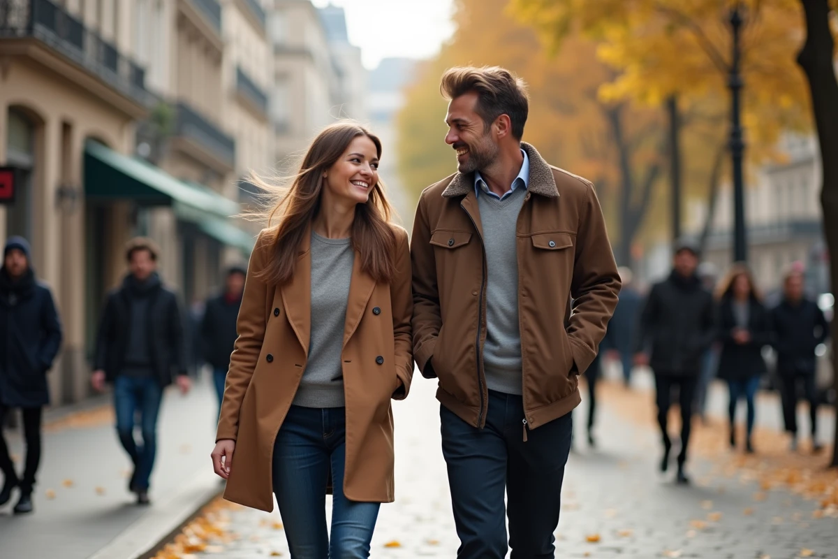 Couple élégant se promenant sur un trottoir parisien pavé en automne, symbolisant l'harmonie entre vie personnelle et vie professionnelle