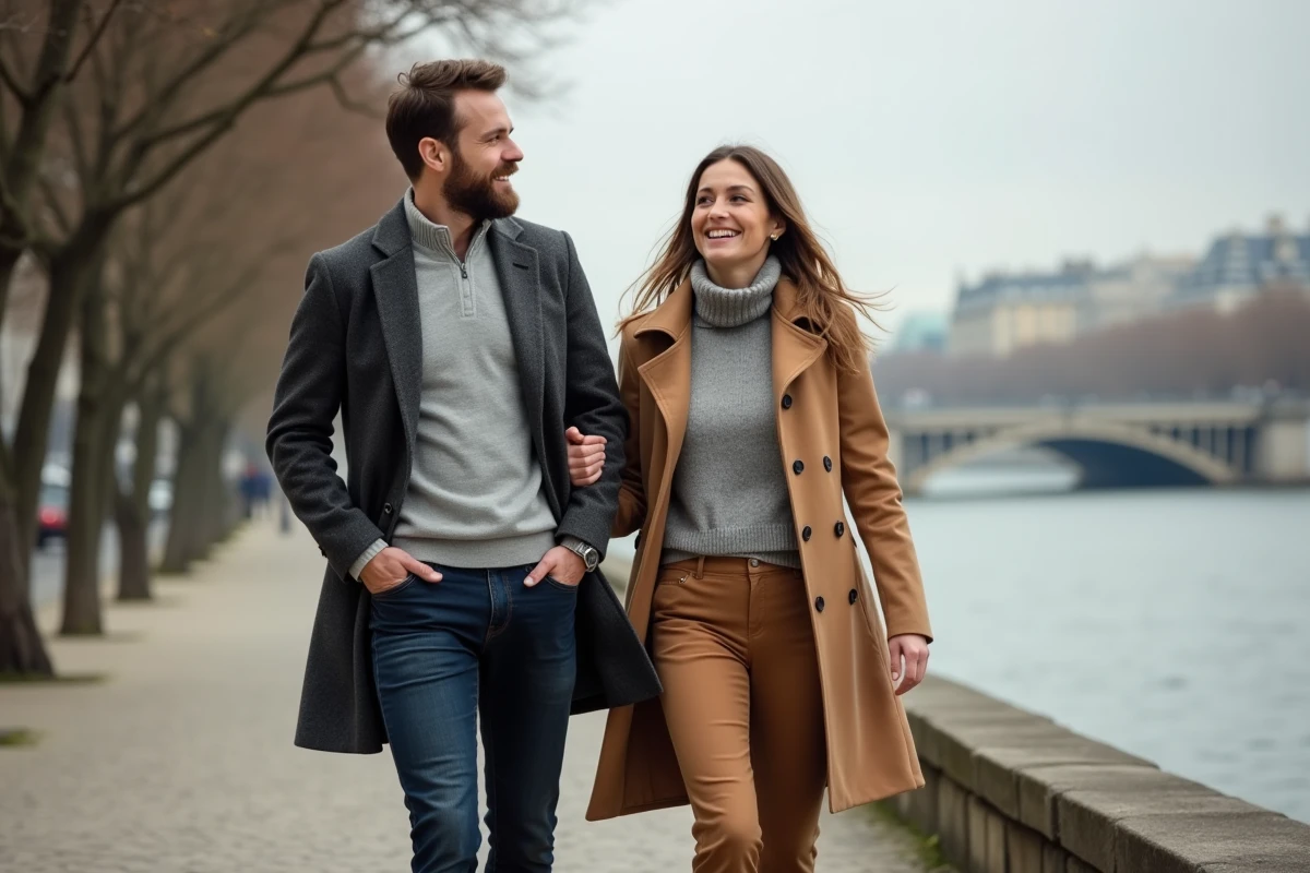Couple se promenant sur les quais de Seine à Paris en automne, image candide illustrant une vie commune discrète et naturelle