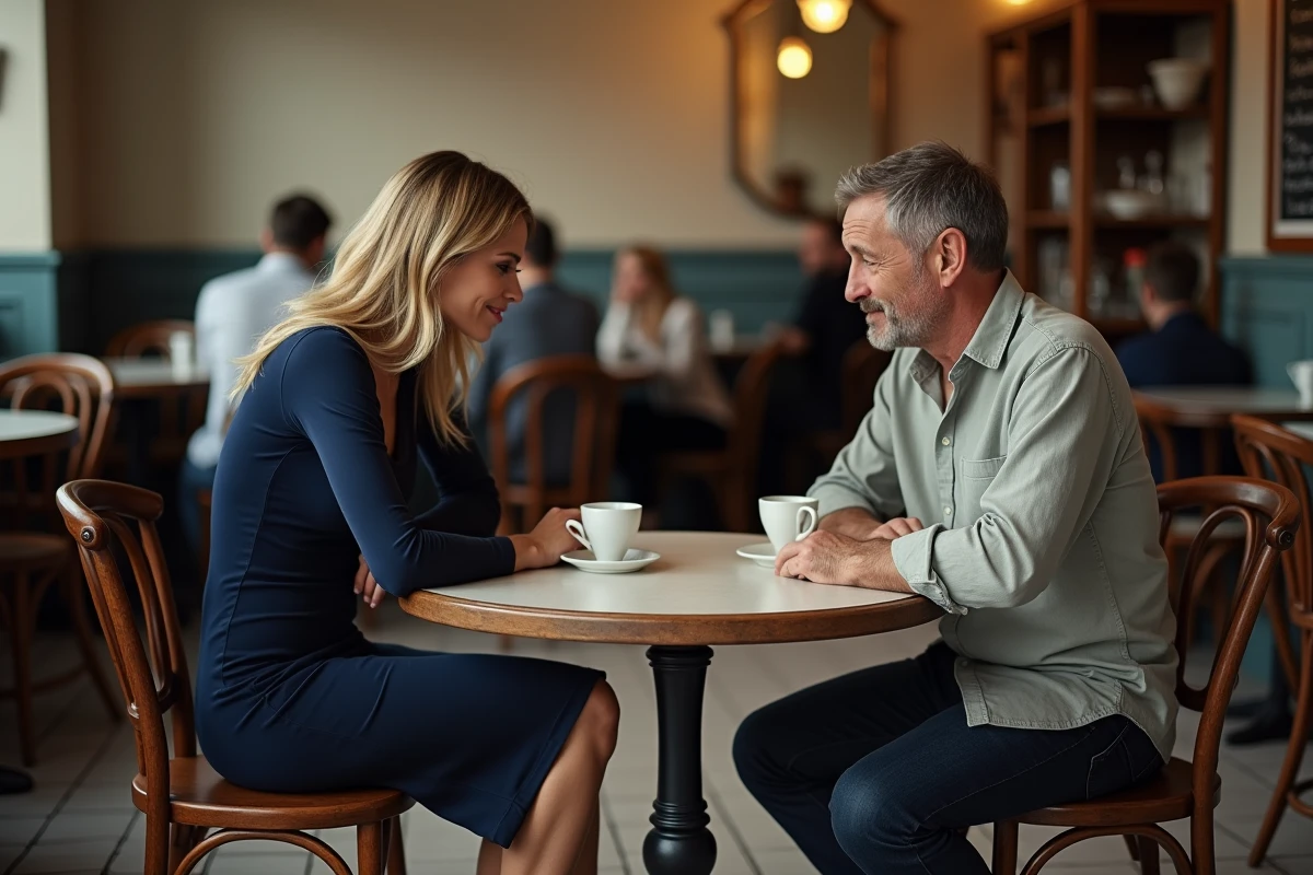 Homme et femme attablés dans une brasserie parisienne avec un langage corporel distant, atmosphère de tension silencieuse