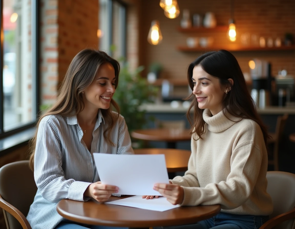 Deux femmes discutant des mentions obligatoires d'une lettre de demande de temps partiel à 80% après congé maternité dans un café urbain