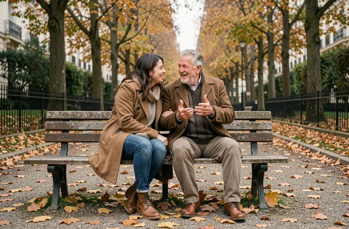 Jeune femme et homme plus âgé assis sur un banc dans un jardin parisien en automne, partageant une conversation animée et des anecdotes familiales