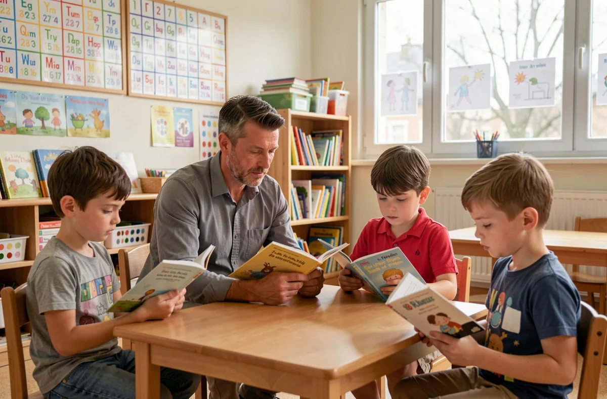 Groupe de lecture avec un enseignant et des élèves dans une école élémentaire privée Hanned