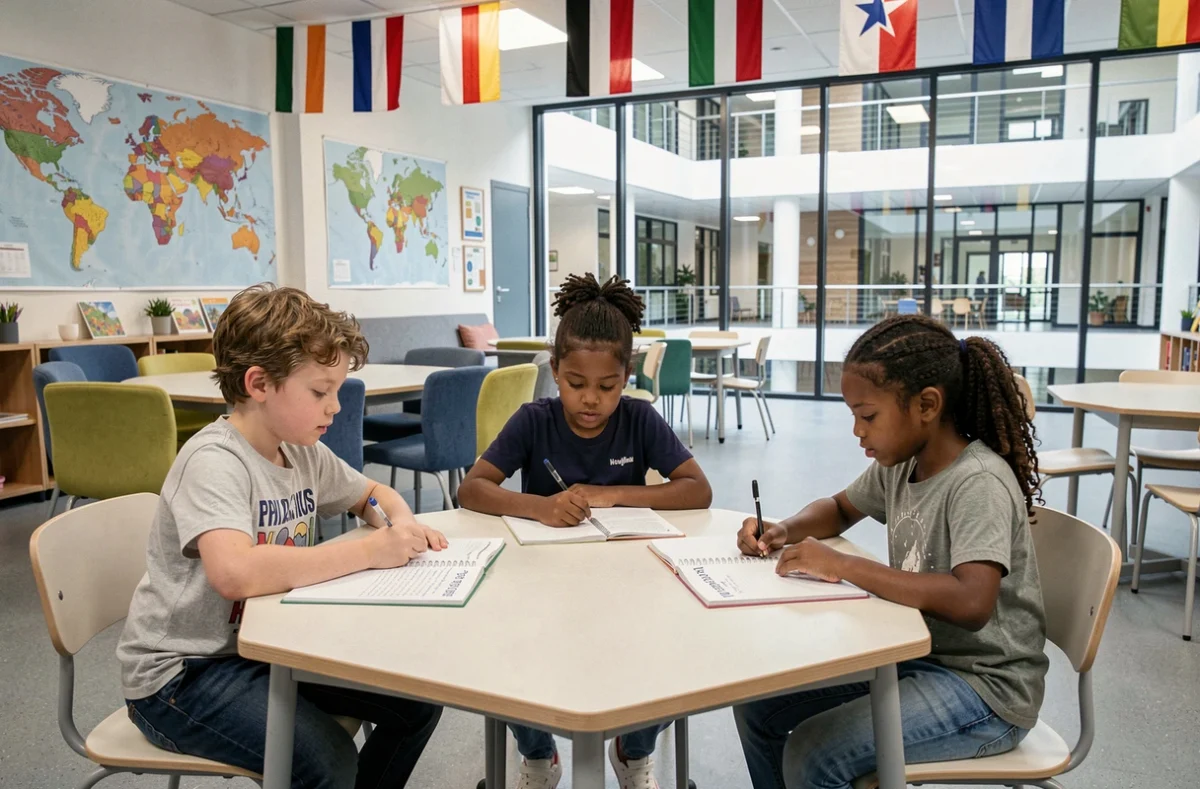 Élèves de l'école internationale trilingue privée de Cergy travaillant ensemble en plusieurs langues