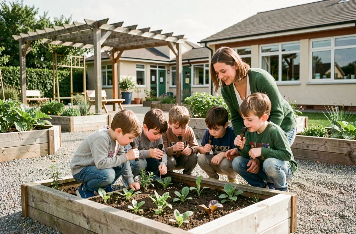 Élèves de l'école primaire privée La Source dans le jardin pédagogique avec leur enseignante