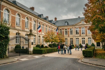 Vue d'ensemble d'un campus d'école privée dans le Val-d'Oise avec des élèves dans la cour