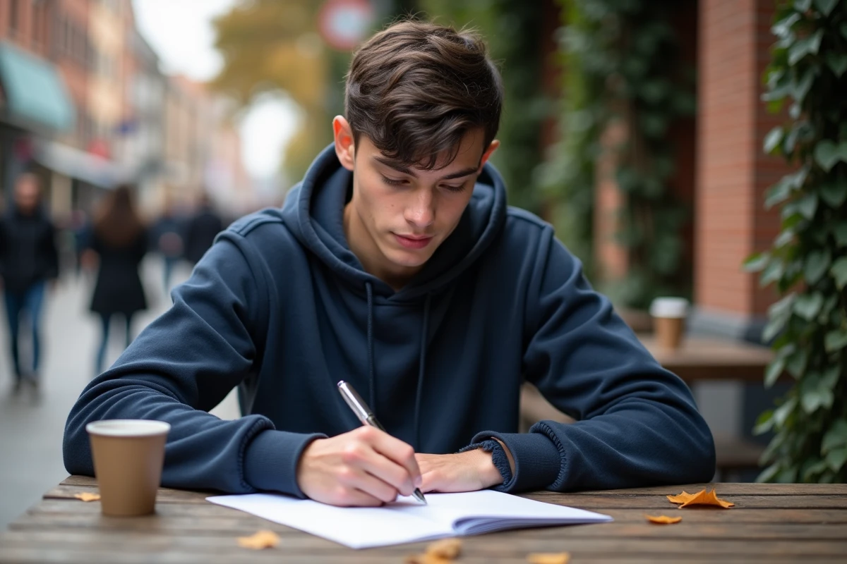 Jeune homme écrivant un texte d'anniversaire personnalisé pour ses 18 ans dans un café en terrasse urbaine