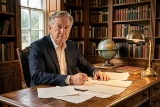 Écrivain mature assis à son bureau dans une bibliothèque privée, stylo à la main, regard pensif vers la fenêtre sous la pluie, symbolisant l'intimité et la discrétion d'un auteur célèbre