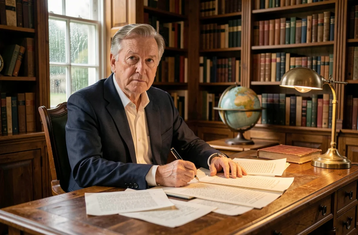 Écrivain mature assis à son bureau dans une bibliothèque privée, stylo à la main, regard pensif vers la fenêtre sous la pluie, symbolisant l'intimité et la discrétion d'un auteur célèbre