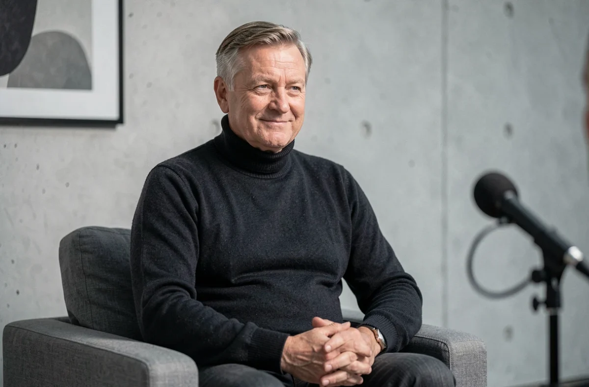 Écrivain célèbre en pull col roulé lors d'une interview littéraire, regard calme et sourire retenu, illustrant la discrétion et la maîtrise de sa vie privée face aux médias