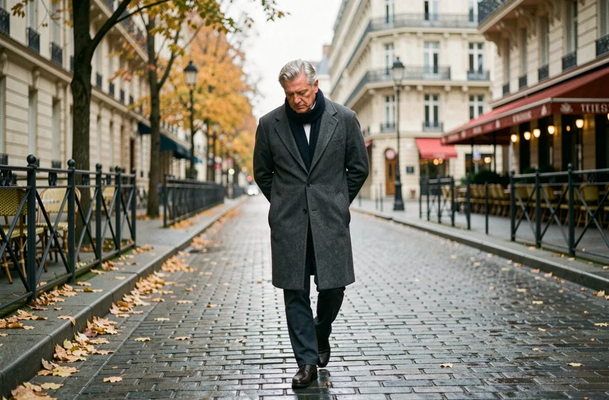 Homme élégant aux cheveux grisonnants marchant seul sur un pavé parisien en automne, symbolisant la solitude choisie et la vie privée jalousement gardée d'un écrivain connu