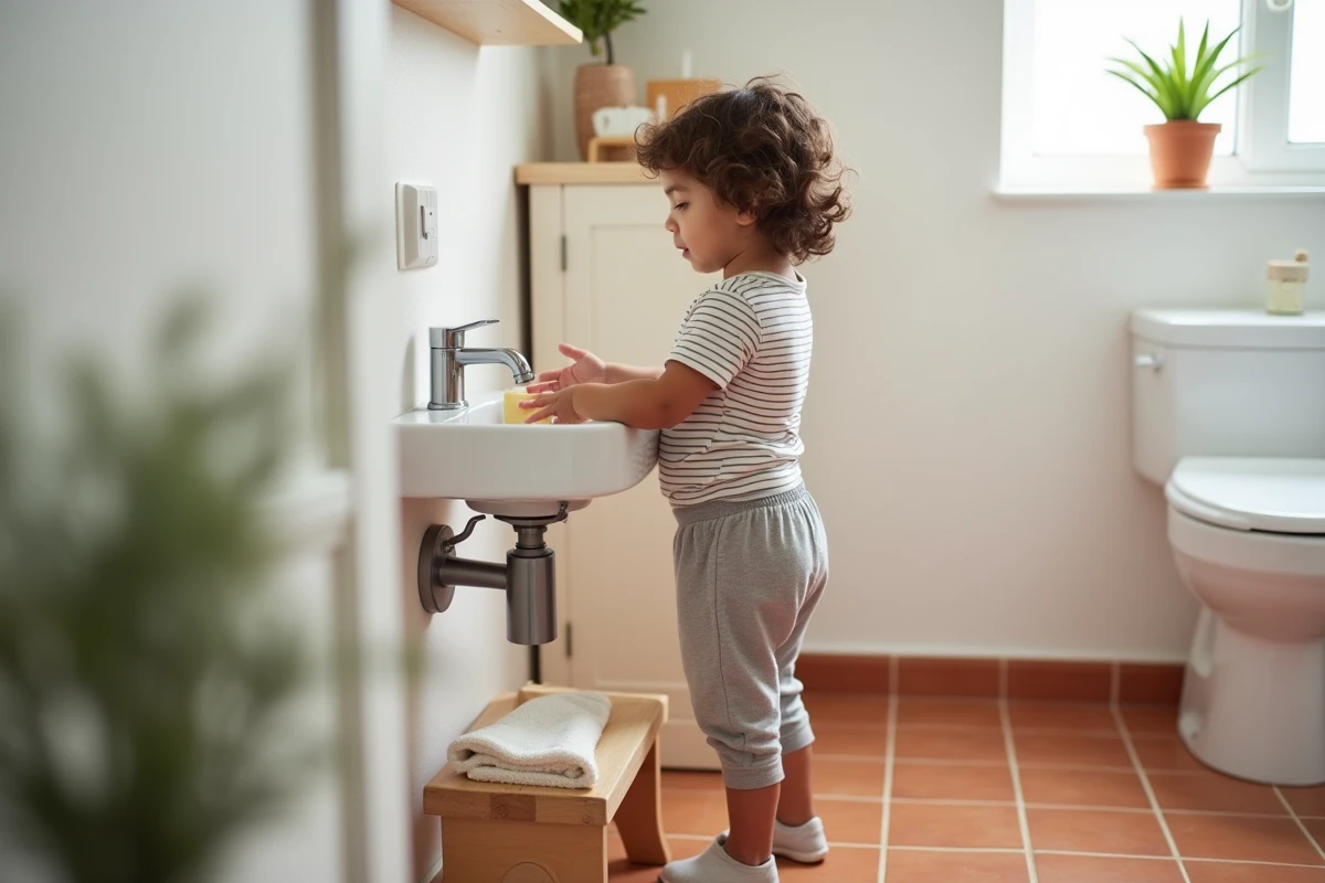Enfant de 3 ans se lavant les mains seul à un lavabo bas Montessori sur un marchepied en bois dans une salle de bain aux carreaux terracotta