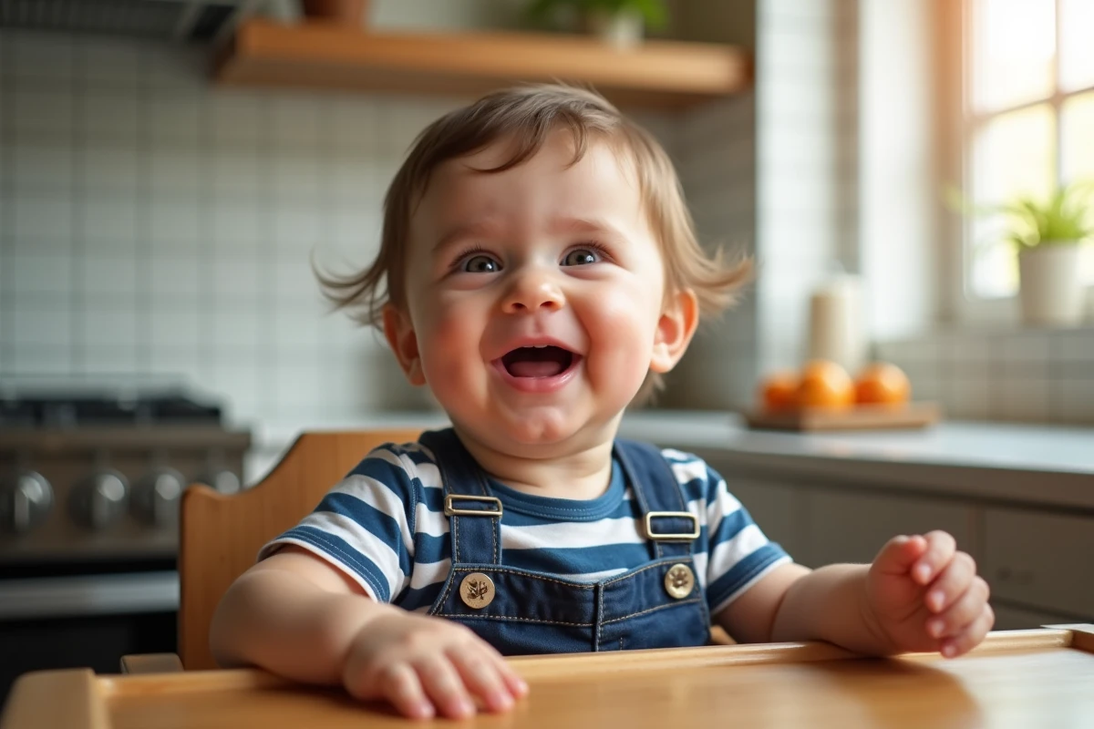 Garcon curieux en salopette dans une cuisine ensoleillee