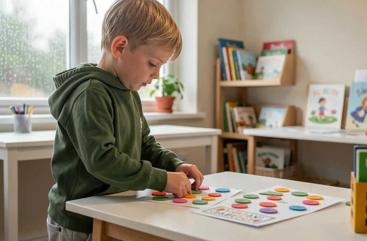 Garçon de 7 ans concentré sur un bricolage de carte en mousse dans sa chambre lors d'un mercredi pluvieux