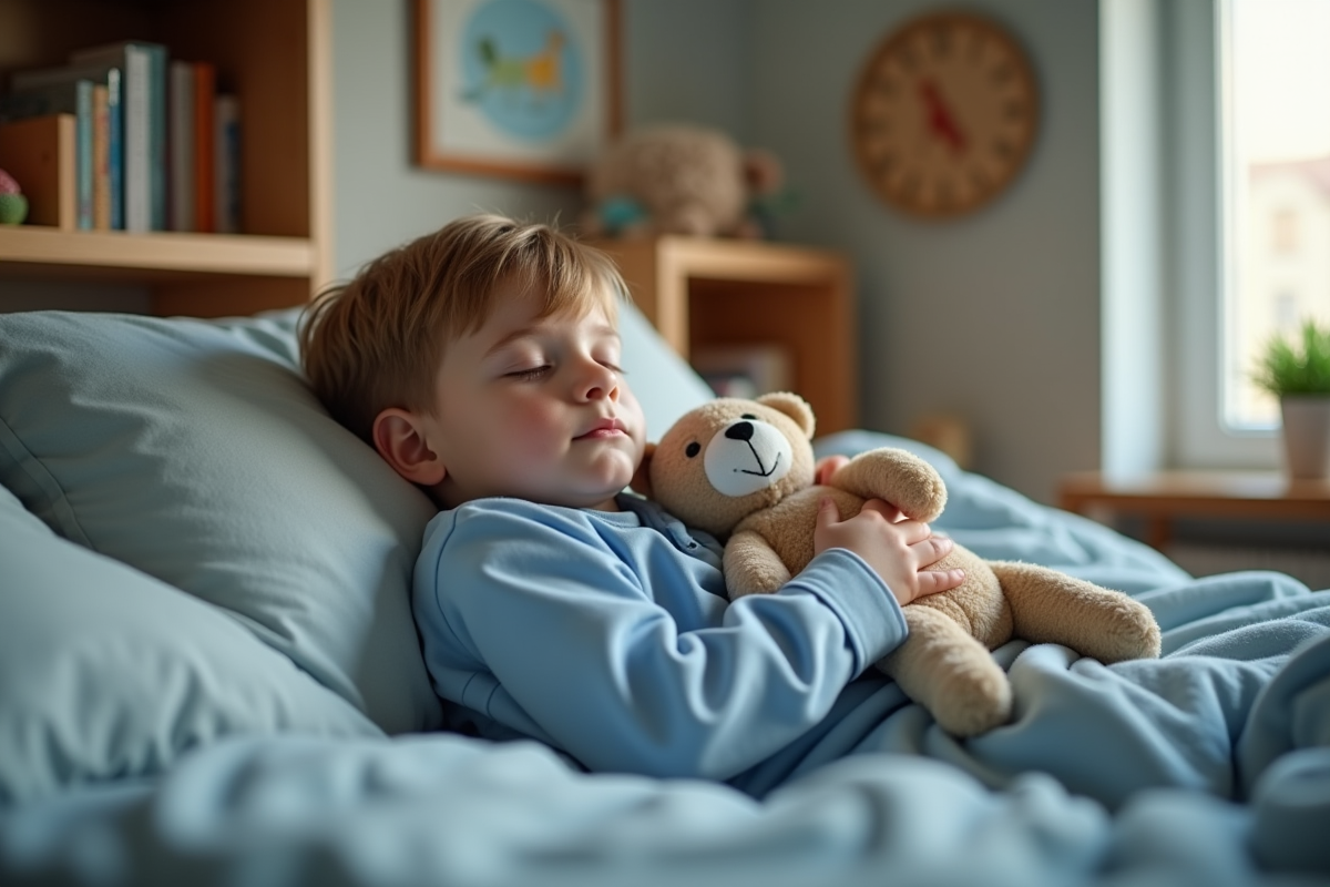 Jeune garçon endormi dans son lit avec peluche dans une chambre chaleureuse