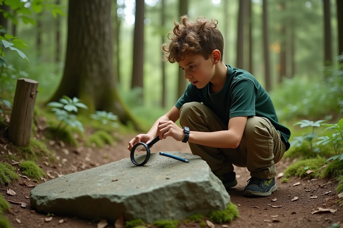 Jeune garçon explorant la nature avec une loupe lors d'une activité aventure en centre de loisirs