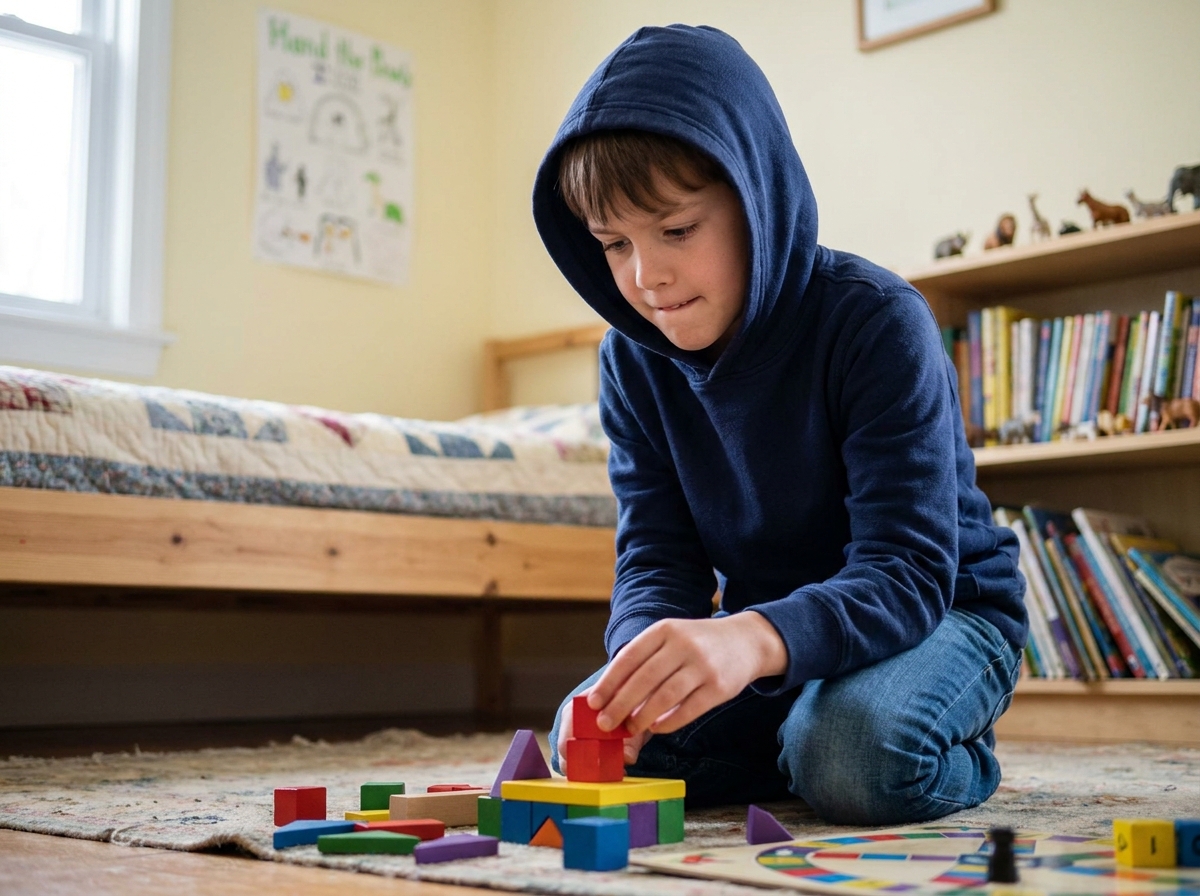 Enfant concentré jouant seul avec des jeux de construction en bois dans sa chambre, atmosphère studieuse et créative