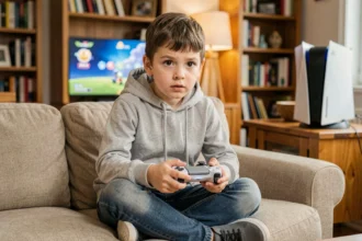 Enfant de 8 ans jouant sur PS5 avec une manette DualSense dans un salon familial