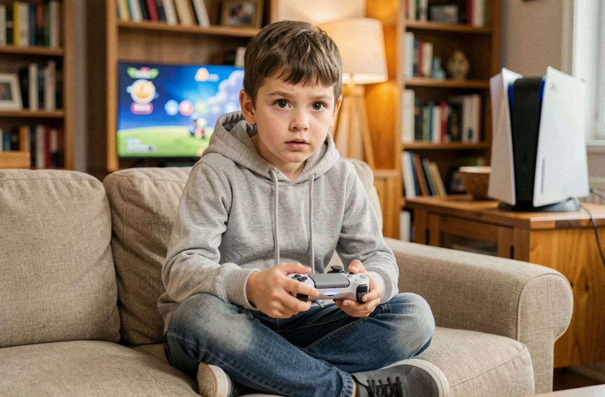 Enfant de 8 ans jouant sur PS5 avec une manette DualSense dans un salon familial