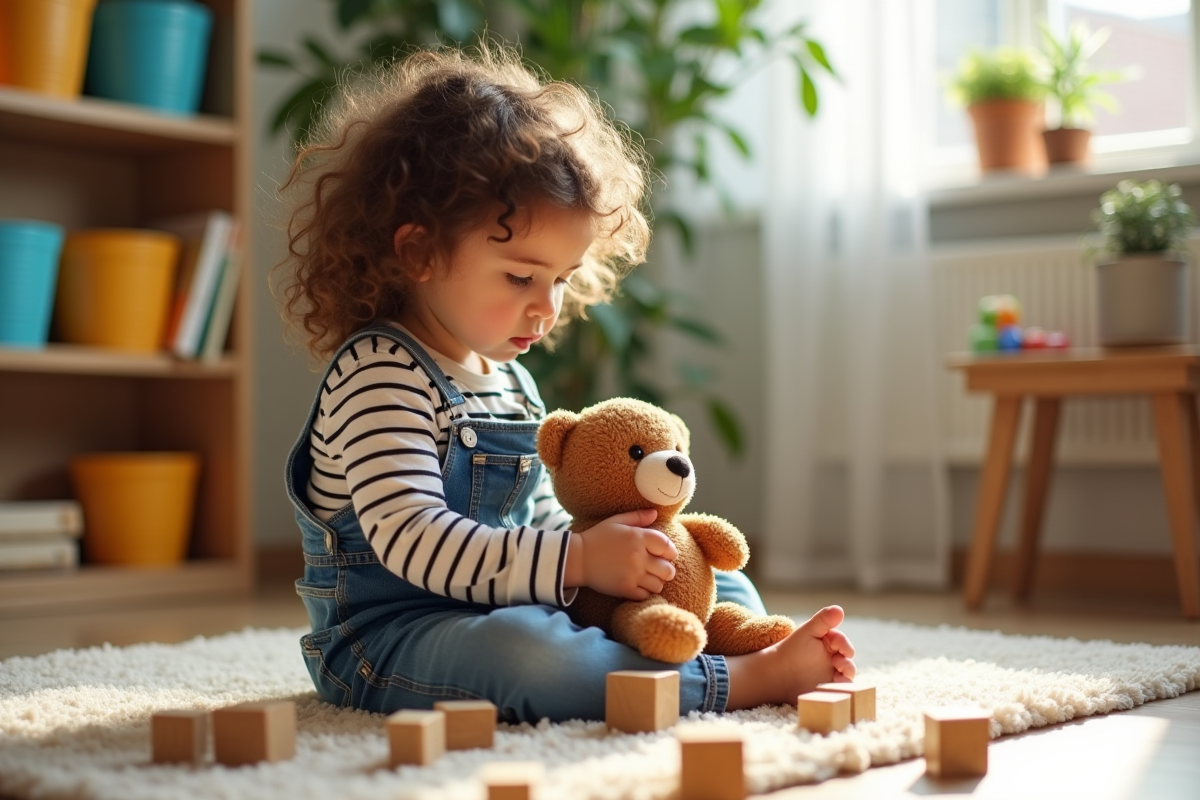 Fille d age préscolaire avec ours en peluche dans un salon lumineux