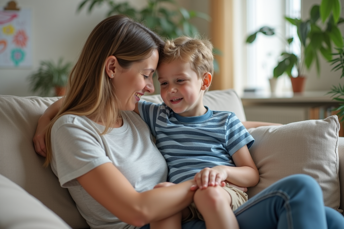 Jeune garçon sur les genoux de sa mère dans un salon chaleureux
