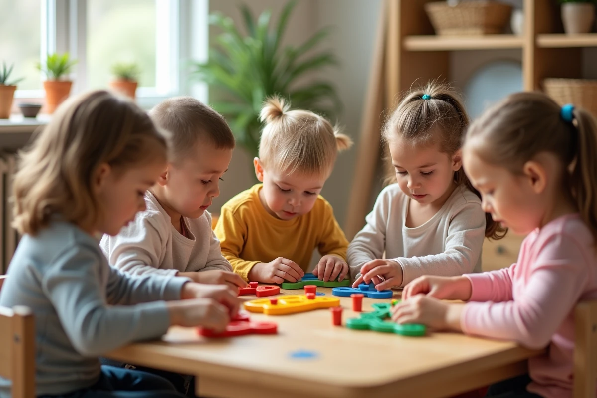 Groupe d'enfants en Montessori travaillant avec des matériaux colorés