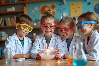 Enfants portant des lunettes de protection et des blouses blanches réalisant une expérience scientifique dans un centre de loisirs