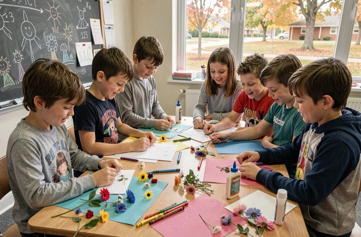 Groupe d'enfants fabriquant une carte artisanale colorée pour leur maîtresse avec des matériaux créatifs en classe