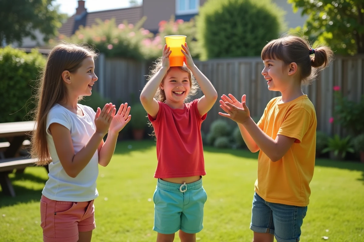 Enfants s'amusant à réaliser des gages dans un jardin lors d'une journée ensoleillée