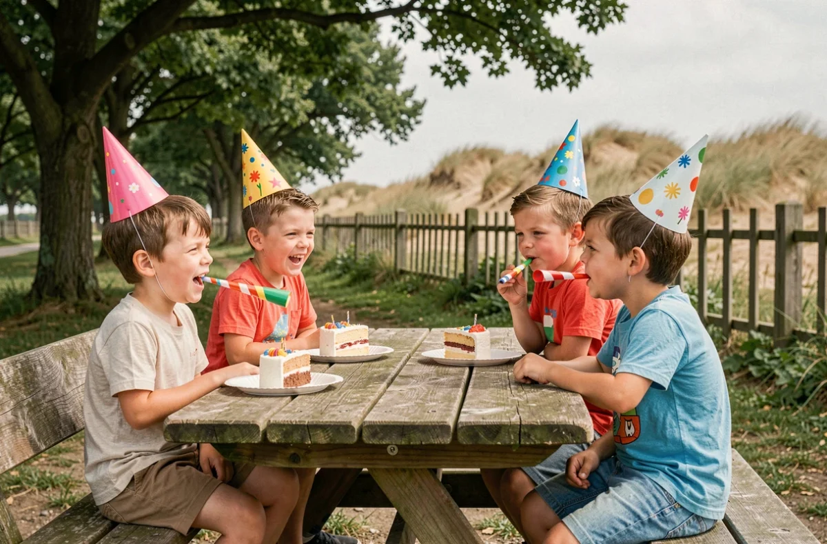 Enfants avec des chapeaux de fête mangeant du gâteau d'anniversaire dans un parc côtier à La Panne