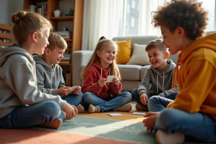 Groupe d'enfants jouant à un jeu de gages en famille dans un salon chaleureux